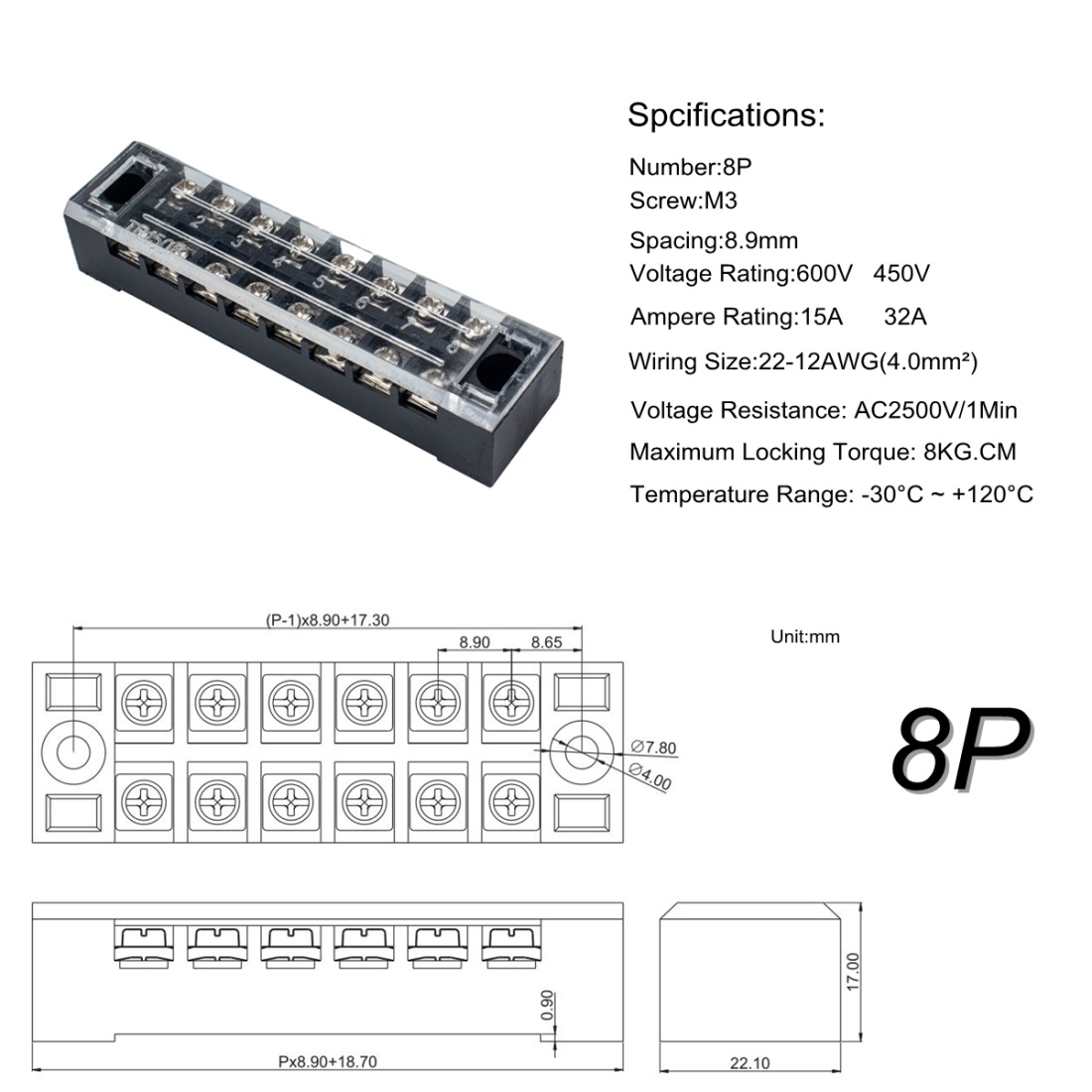 TB-1508 Terminal Block เทอร์มินอลบล็อก 8 ช่อง 600V 15A