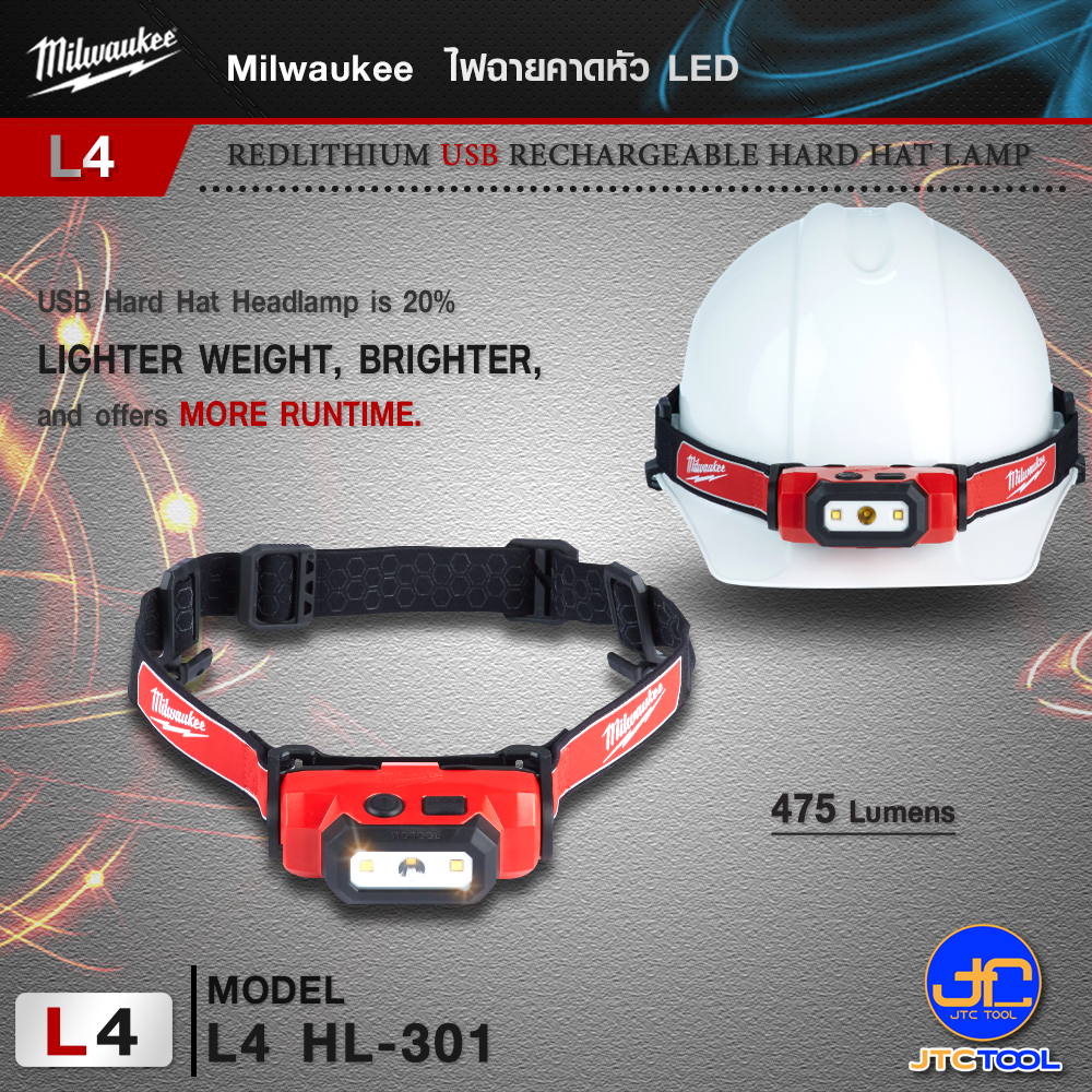 Milwaukee L4 ไฟฉายคาดหัว LED รุ่นL4HL-301 - REDLITHIUM USB RECHARGEABLE HARD HAT LAMP