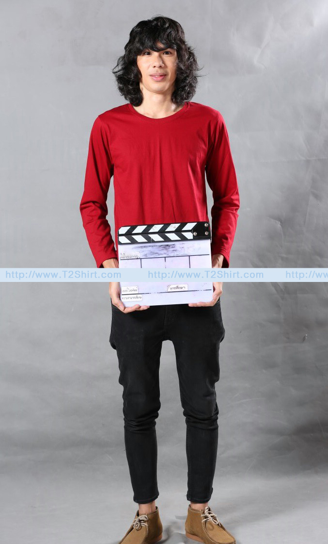 เสื้อยืด คอกลม แขนยาว สีแดงเลือดหมู Size XL
