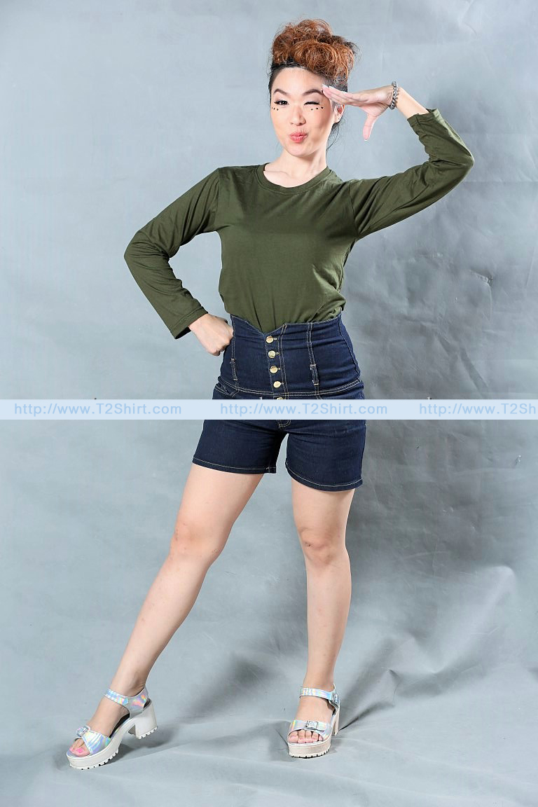 เสื้อยืด คอกลม แขนยาว สีเขียวขี้ม้า Size XL