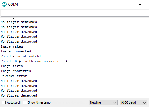 Output ของโปรแกรมทดสอบเซ็นเซอร์สแกนลายนิ้วมือ