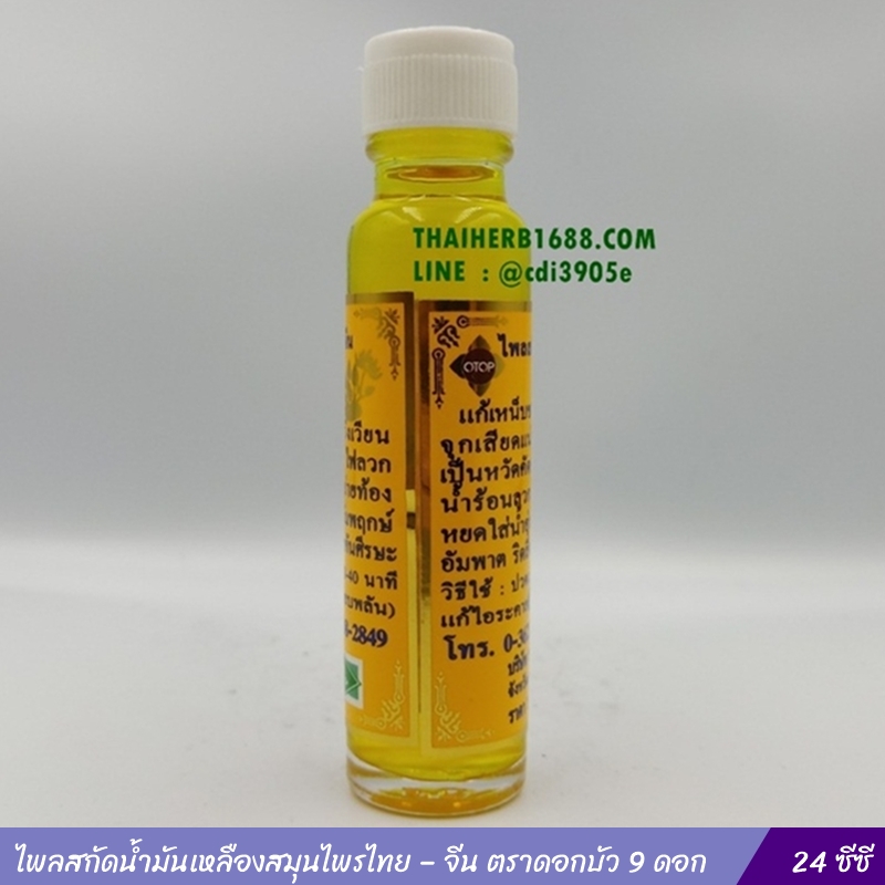 ไพลสกัดน้ำมันเหลืองสมุนไพรไทย – จีน ตราดอกบัว 9 ดอก (24 ซีซี)