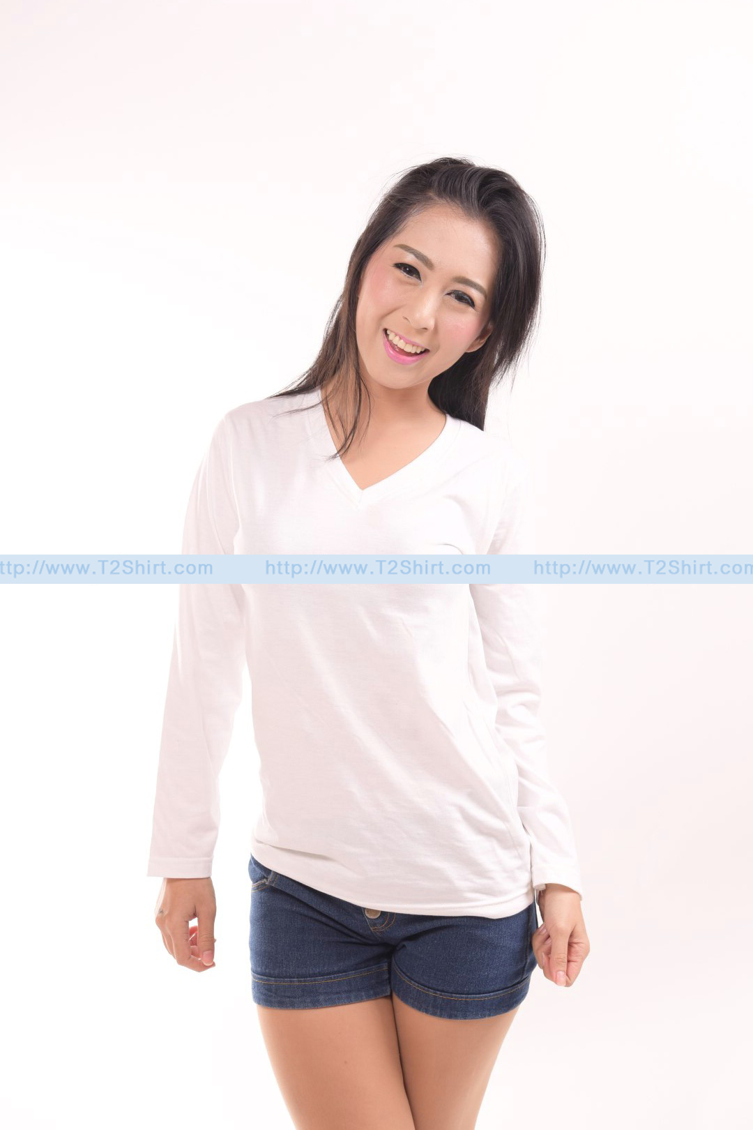 เสื้อยืด คอวี แขนยาว สีขาว Size 2XL