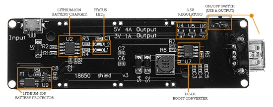 18650 Battery Shield V3 แหล่งจ่ายไฟ 18650 สำหรับ ESP8266, Arduino, Raspberry Pi พร้อมสาย USB