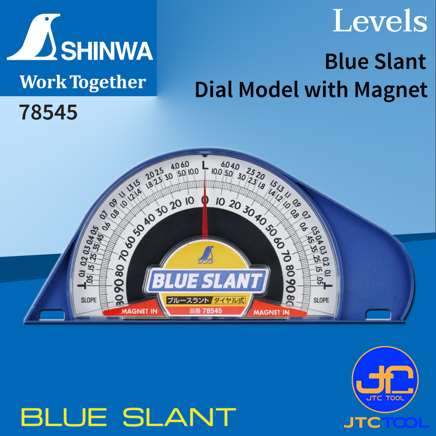 Shinwa เข็มวัดความเอียงฐานแม่เหล็ก ความละเอียด ±17.5 มิลลิเมตร/เมตร รุ่น 78545 - Plastic Blue Slant Level. Dial Model with Magnet No.78545