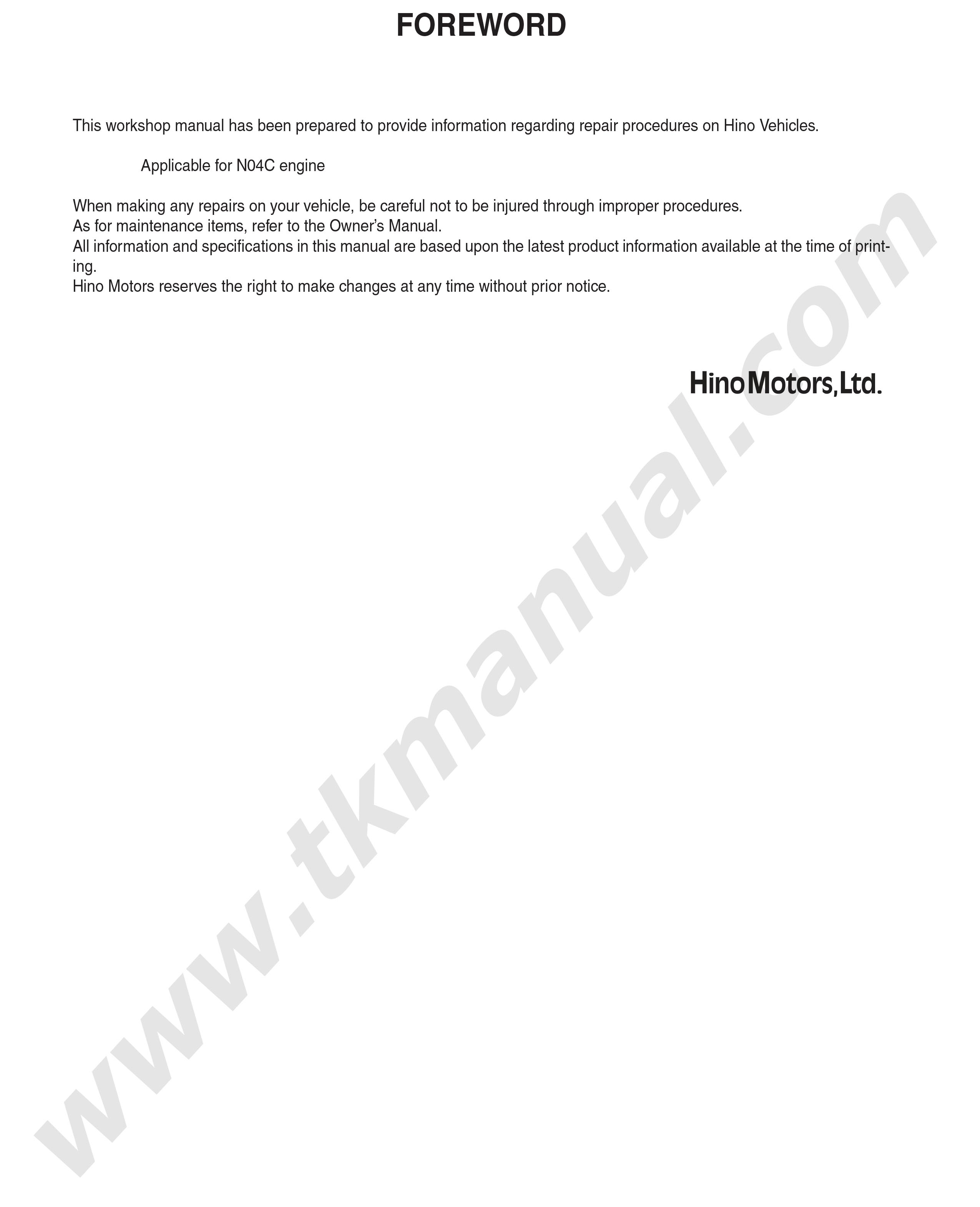 หนังสือ คู่มือซ่อมเครื่องยนต์ NO4C รถบรรทุก HINO DUTRO 300 Series ภาษาอังกฤษ