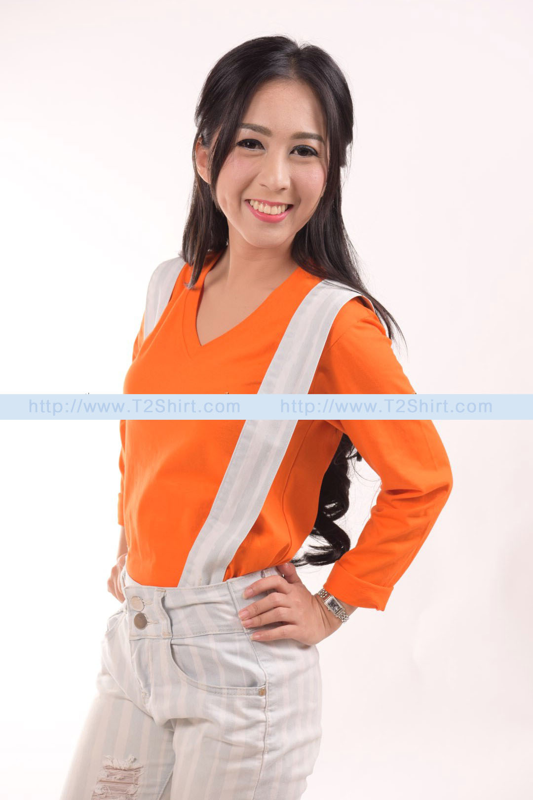 เสื้อยืด คอวี แขนยาว สีส้ม Size XL