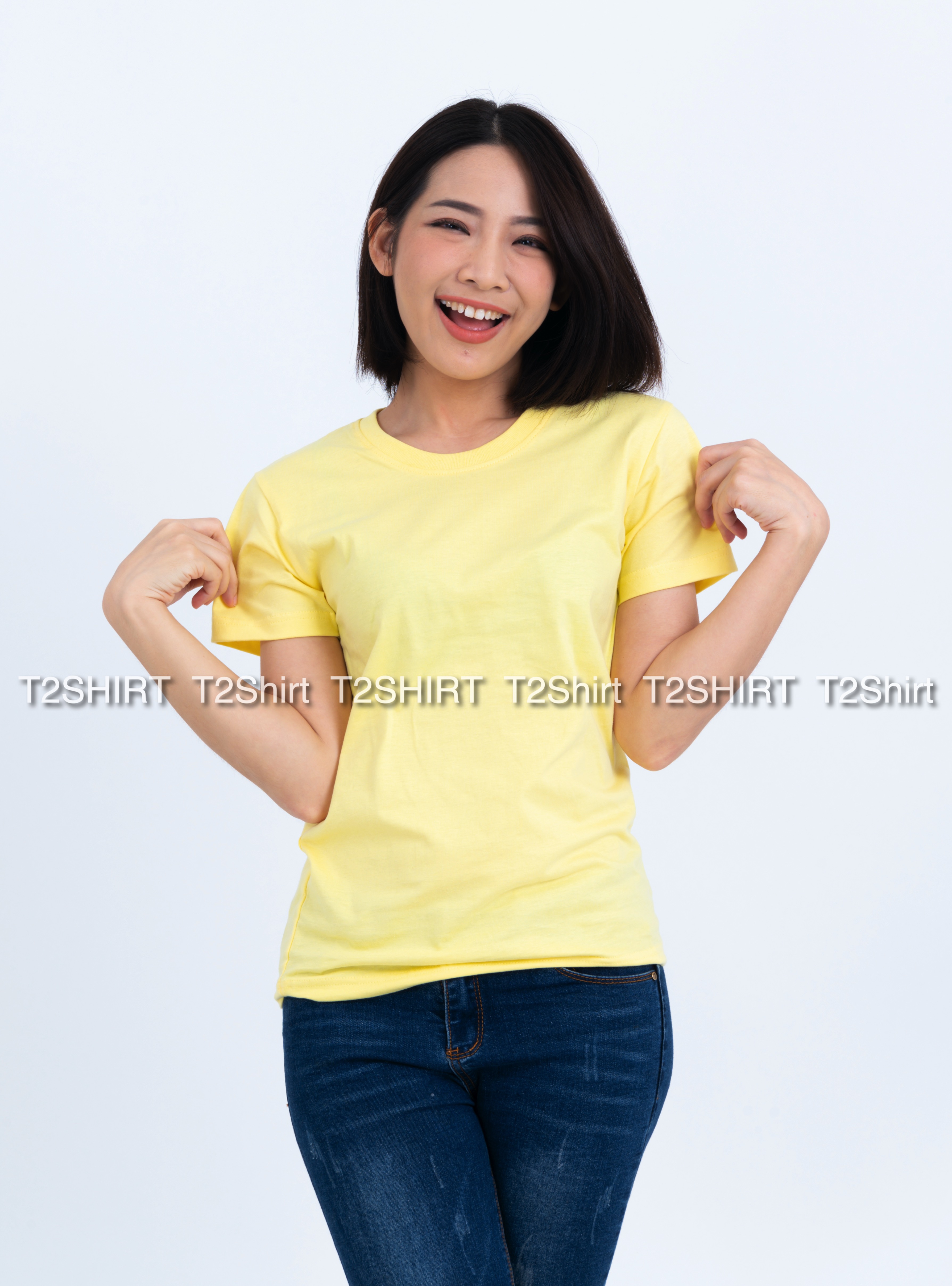 เสื้อยืด คอกลม แขนสั้น สีเหลืองพาสเทล Size XL