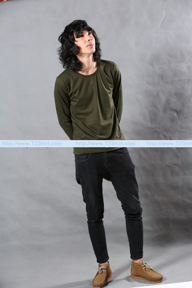 เสื้อยืด คอกลม แขนยาว สีเขียวขี้ม้า Size 2XL
