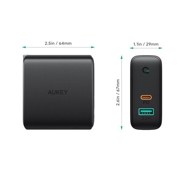 Adapter Aukey PA-D3 60W Dynamic USB-C Power Delivery หัวปลั๊กชาร์จเร็ว 60W และ ช่อง AiPower Fast Charge รุ่น PA-D3