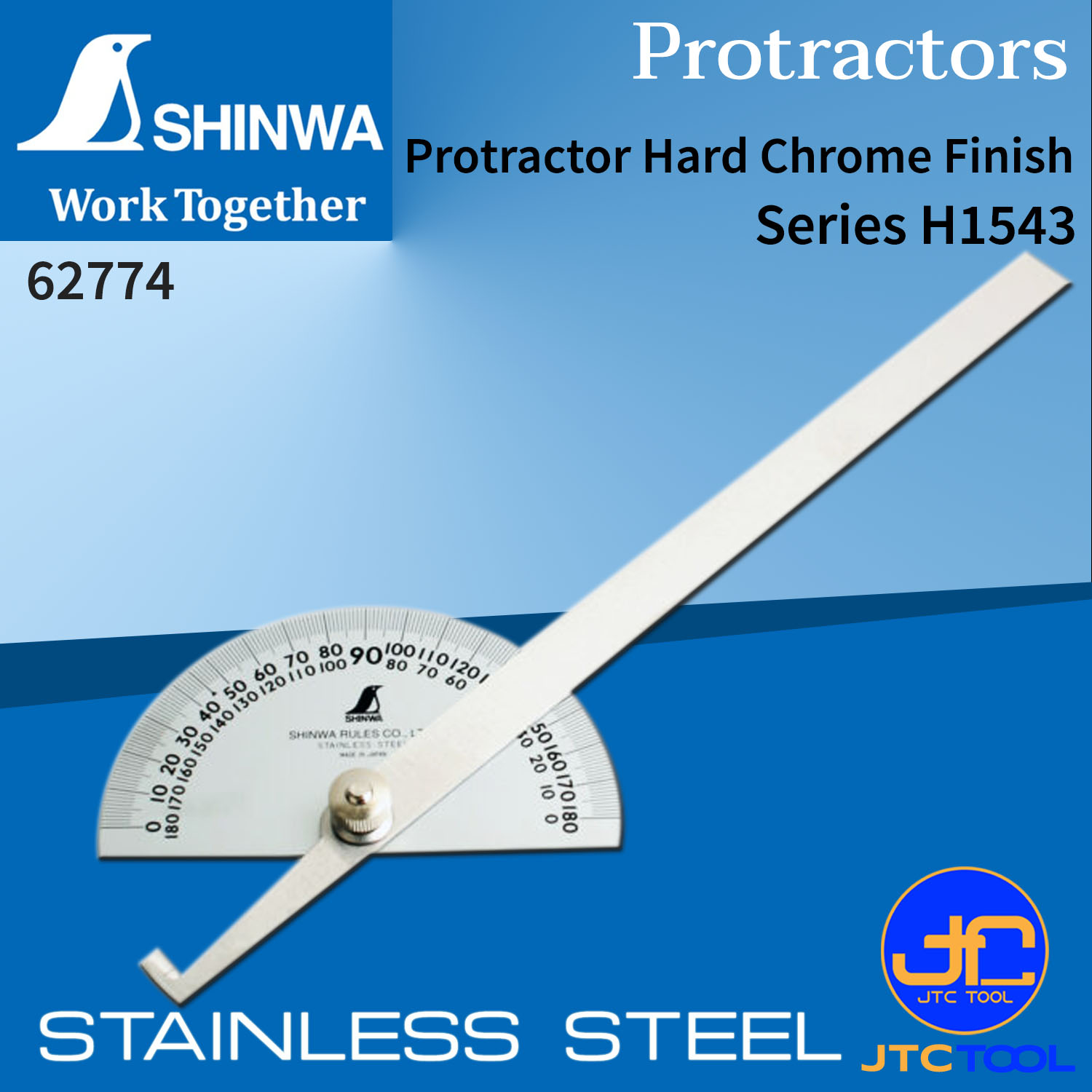 Shinwa ครึ่งวงกลมวัดองศา สเกลสลักและเคลือบด้วยโครม ทนทาน รุ่น 62774 - Stainless Steel Protractor. Ø120mm No.62774