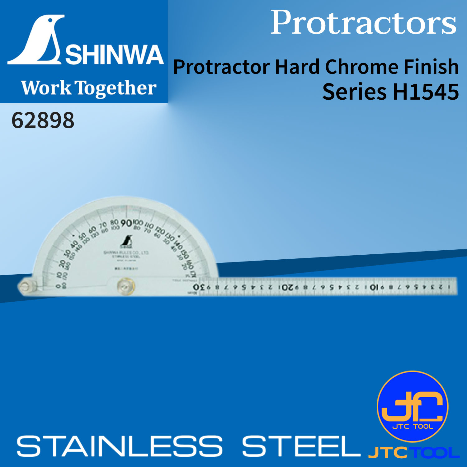 Shinwa ครึ่งวงกลมวัดองศา สเกลสลักและเคลือบด้วยโครม ทนทาน รุ่น 62898 - Stainless Steel Protractor. Ø210mm 30cm No.62898