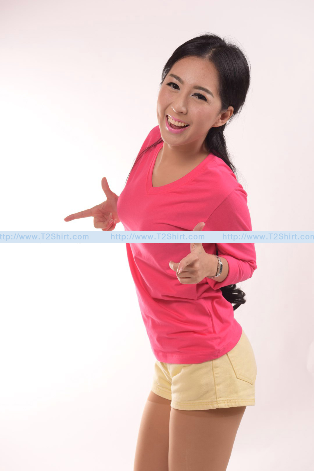 เสื้อยืด คอวี แขนยาว สีชมพู Pinky Size 2XL
