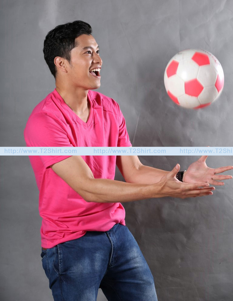เสื้อยืด คอวี แขนสั้น สีชมพู Pinky Size 3XL