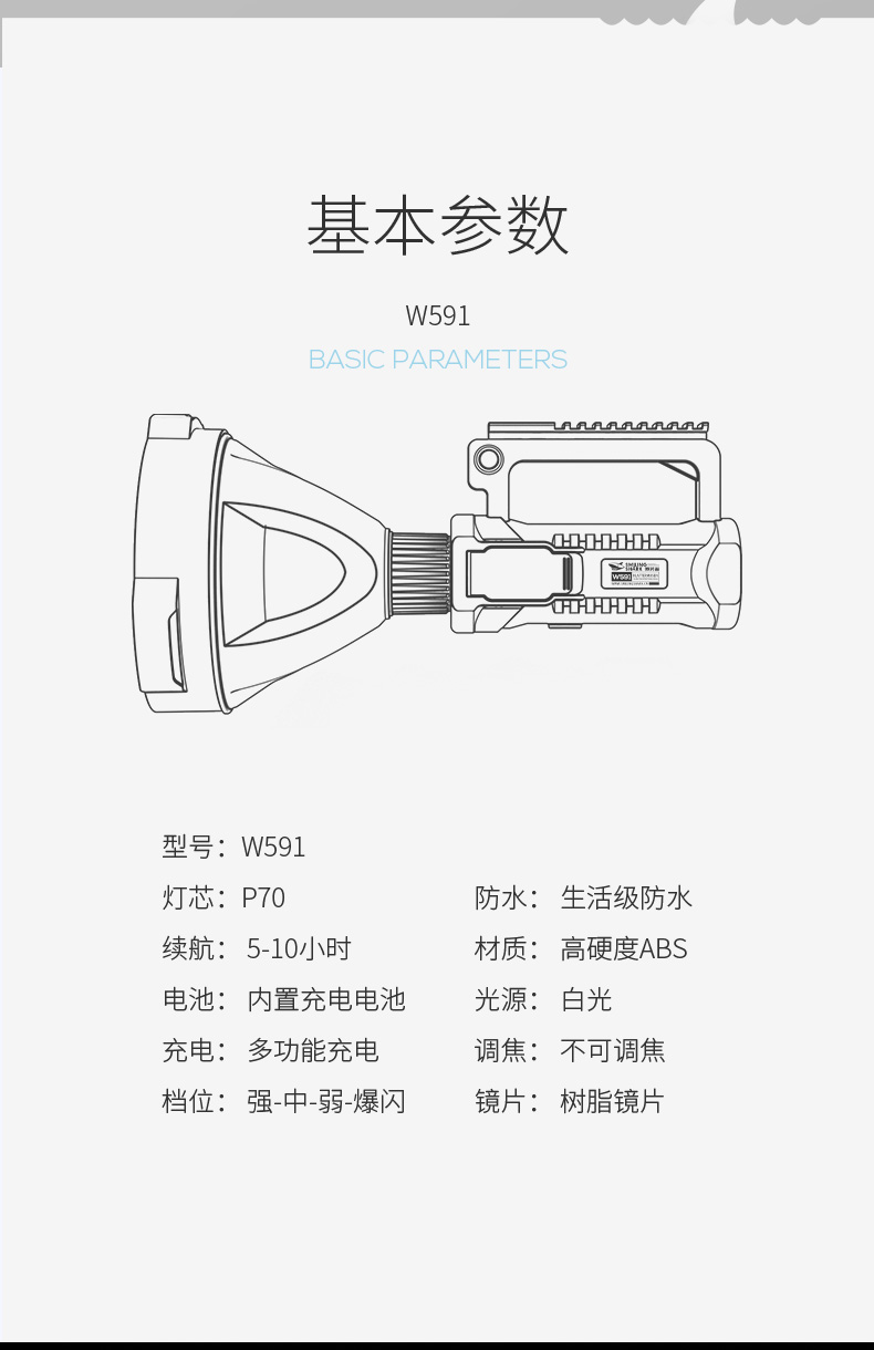 ไฟฉายสะพายแรงสูง แบบส่องไกล หลอด P90 Smiling Shark W-591 Stanby 5-10 Hr. BigCup