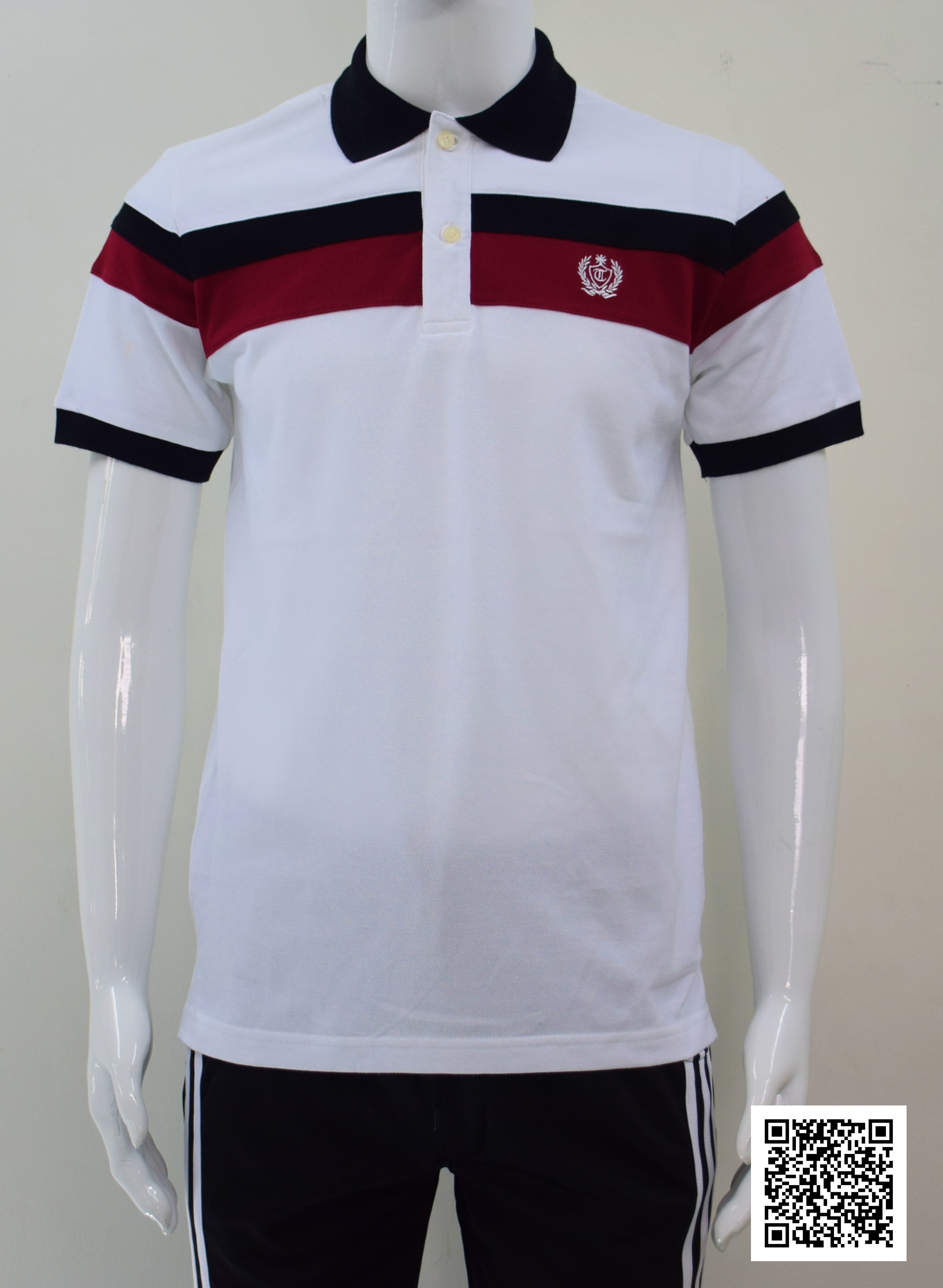 เสื้อโปโลผู้ชาย แขนสั้นสีขาวตัดต่อหน้าอกสีแดง ดำ ผ้าค้อตต้อน คละไซร์ M-3XL