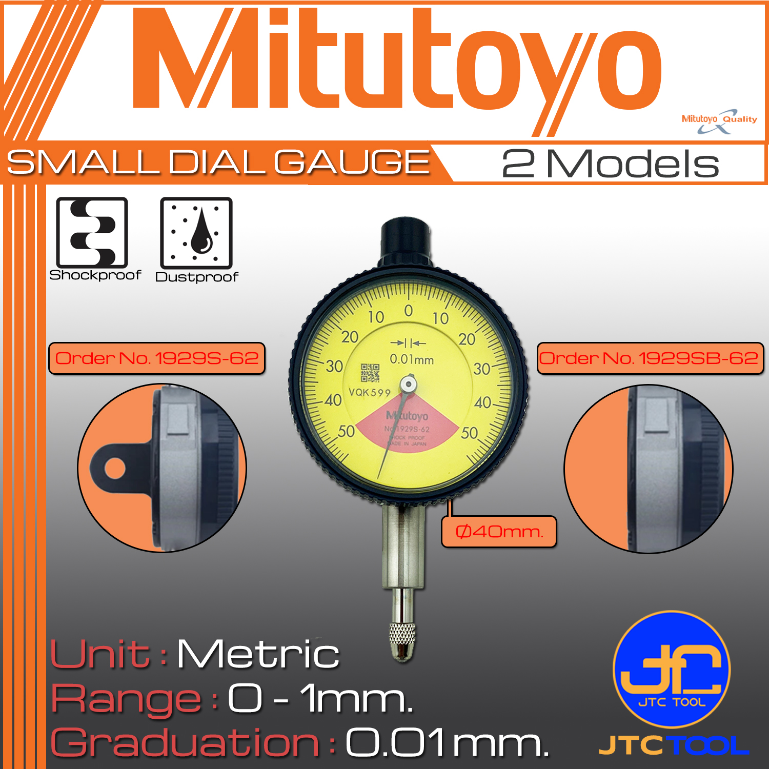 Mitutoyo ไดอัลเกจตัวเล็ก ขนาด 0-1มิล ความละเอียด 0.01มิล รุ่น 1929S-62 และ 1929SB-62 - Small Dial Indicators Range 0 - 1mm. Graduation 0.01mm. No. 1929S-62 and 1929SB-62