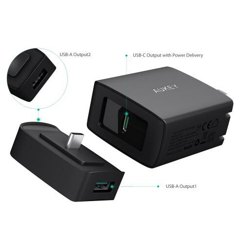 Adapter Aukey 29W PD2.0 USB-C or USB-A (2ports) USB-TypeC with AiPower Port Wall Charger with Power Delivery 2.0 (PA-Y7)