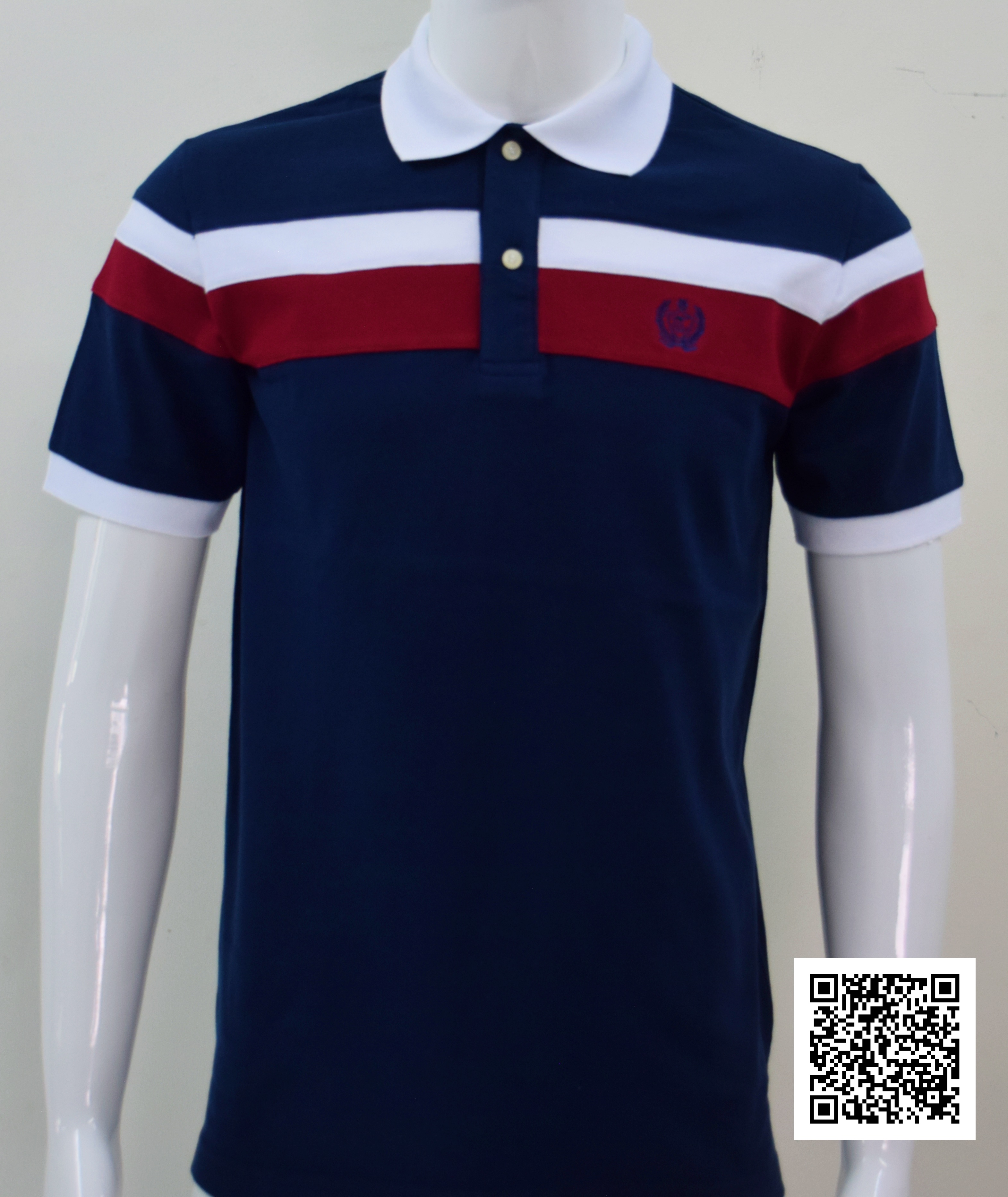 เสื้อโปโลผู้ชาย แขนสั้นตัดต่อสีกรมท่า แดง ขาว ผ้าค้อตต้อน คละไซร์ M-XXL