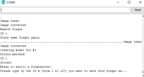 Output ของโปรแกรมทดสอบเซ็นเซอร์สแกนลายนิ้วมือ