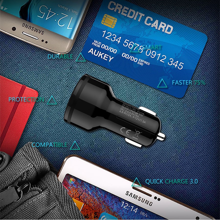 ที่ชาร์จในรถ Aukey 2-Port USB Car Charger with PowerAll (QC 3.0 + QC 2.0 + AIPower) + แถมสาย Aukey USB (CC-T8)