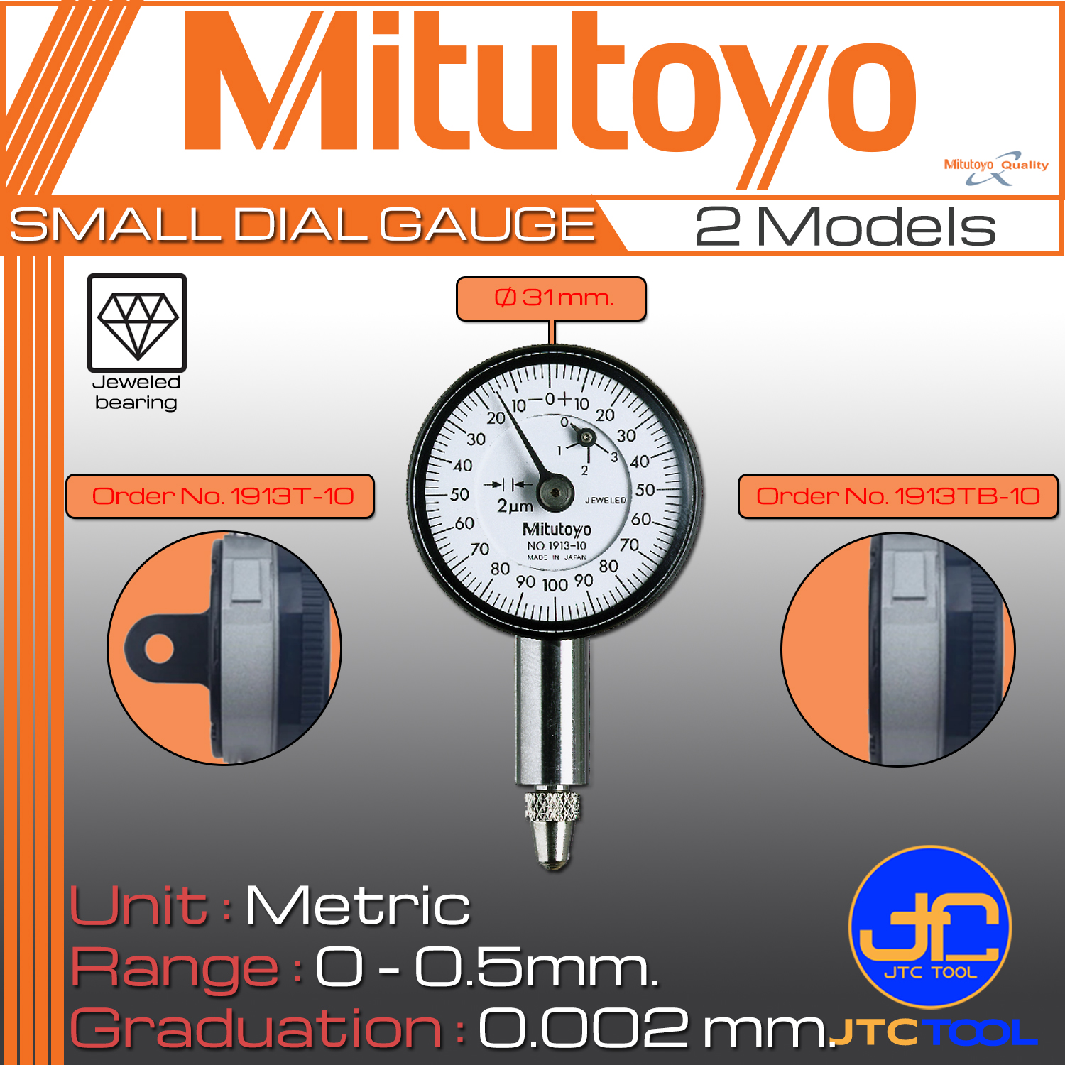 Mitutoyo ไดอัลเกจตัวเล็ก ขนาด 0-0.5มิล ความละเอียด 0.002มิล รุ่น 1913T-10 และ 1913TB-10 - Small Dial Indicators Range 0 - 0.5mm. Graduation 0.002mm. No. 1913T-10 and 1913TB-10