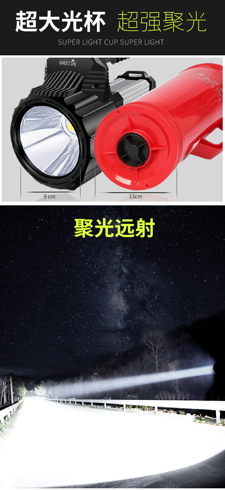 ไฟฉายสะพายแรงสูง แบบส่องไกล พร้อมโคมสีขาว และแดง Warsun D498 Black Upgrade Edition