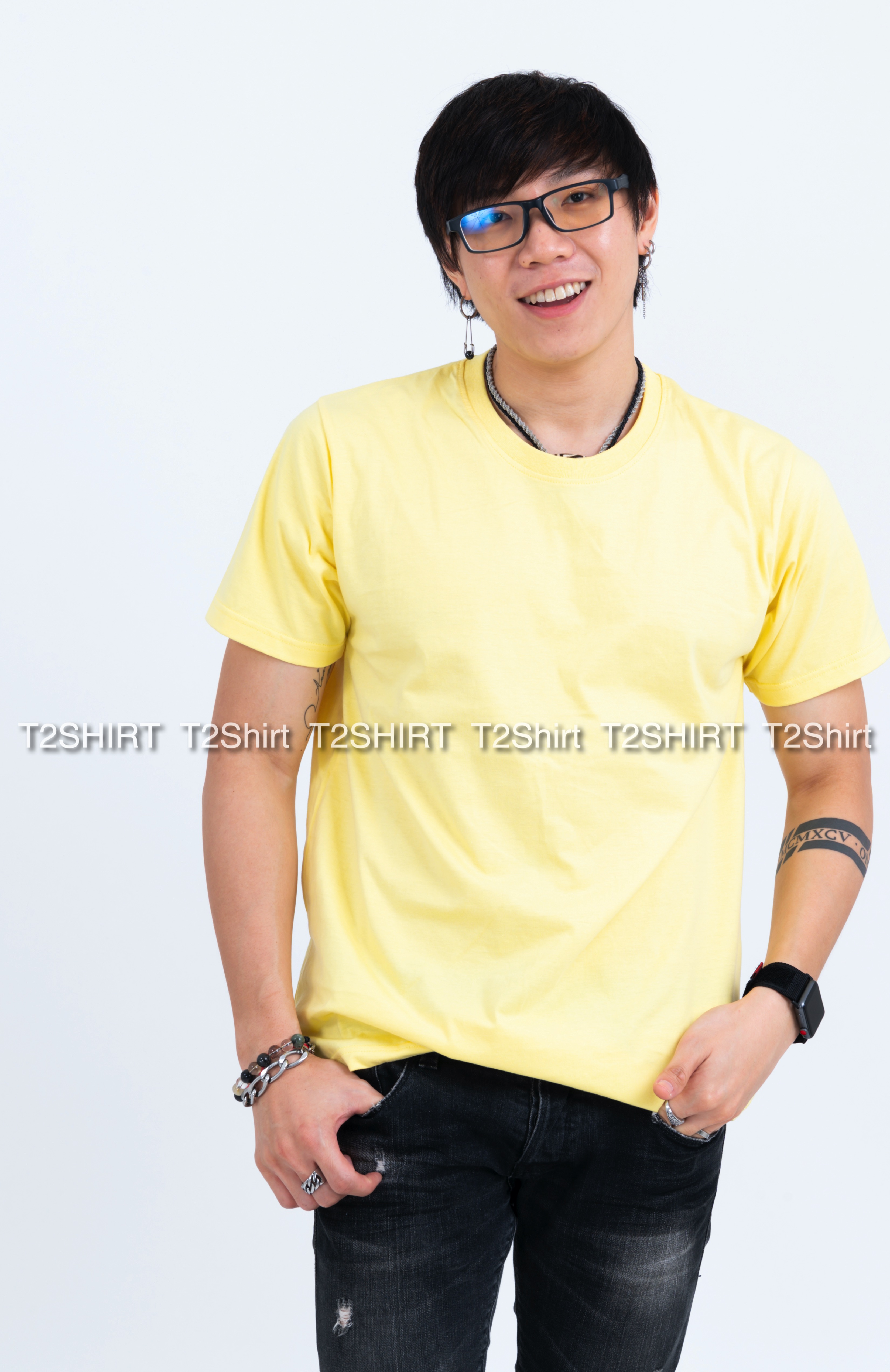 เสื้อยืด คอกลม แขนสั้น สีเหลืองพาสเทล Size M