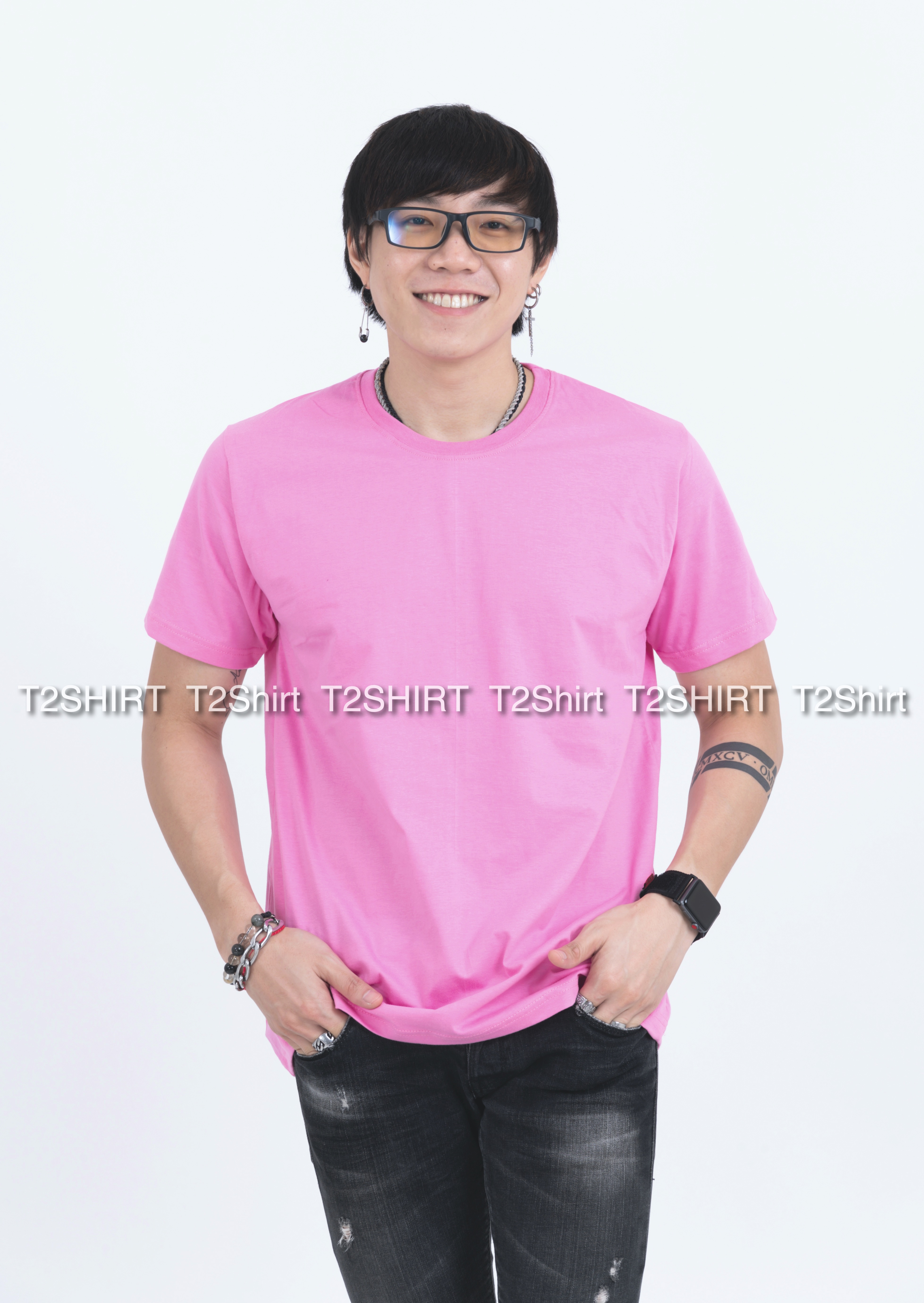 เสื้อยืด คอกลม แขนสั้น สีชมพูอ่อน Size 2XL