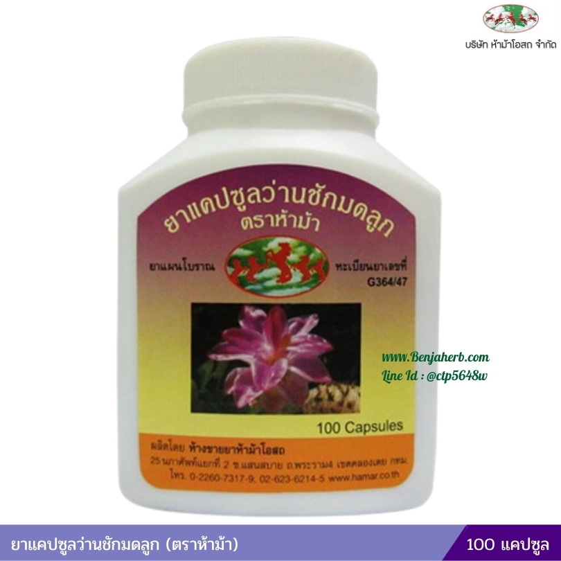 ยาแคปซูลว่านชักมดลูก ห้าม้าโอสถ (ขวด)