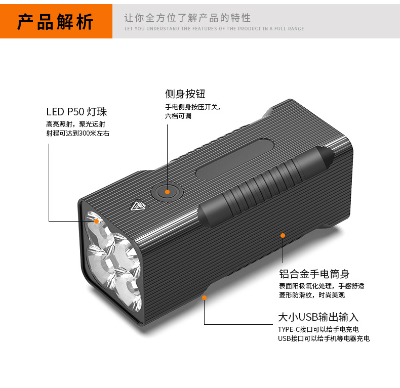 ไฟฉายจับถือ ขนาดกลาง Natfire BT60 P50 LED battery 10400 mah 7500K