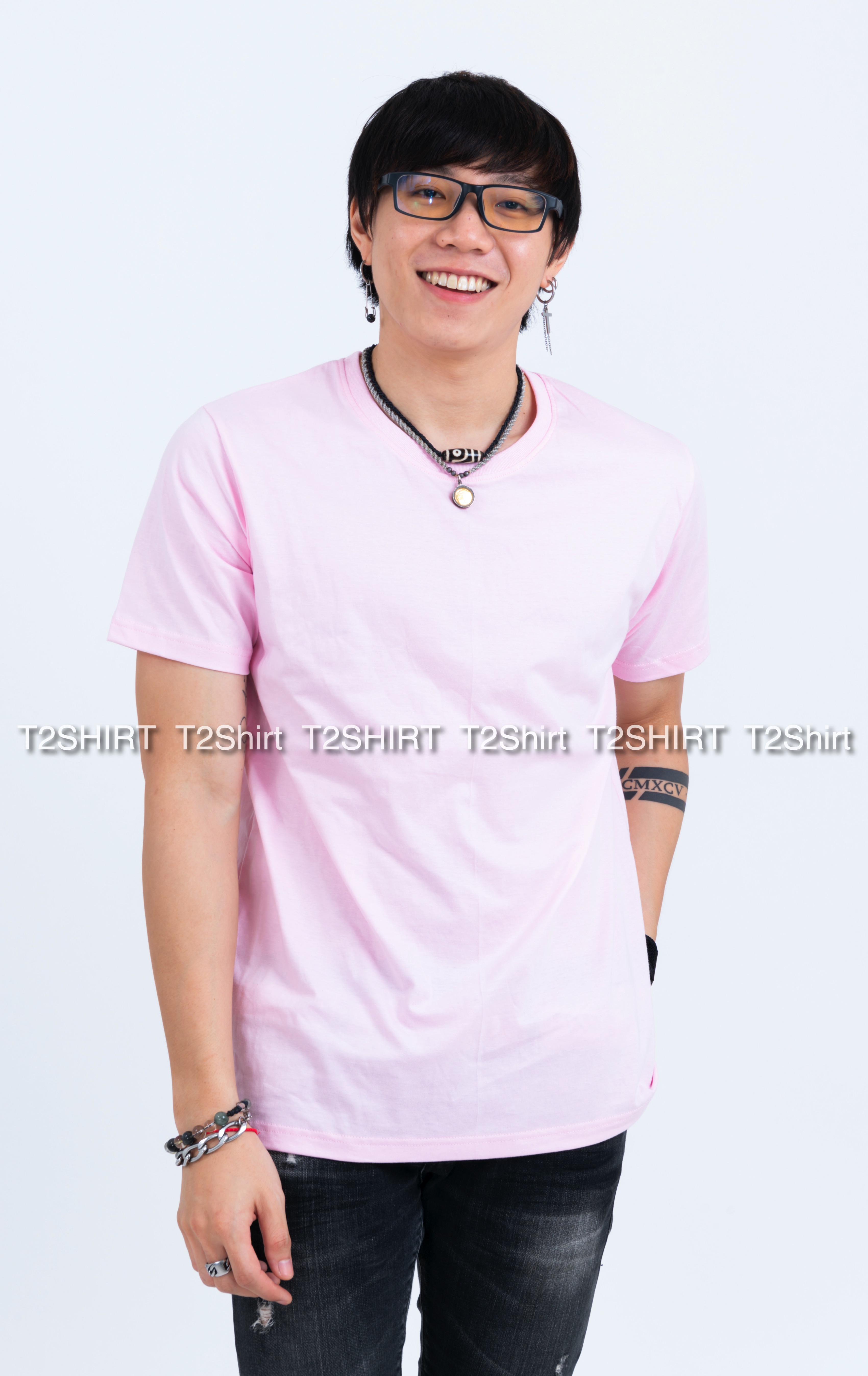 เสื้อยืด คอกลม แขนสั้น สีชมพูพาสเทล Size 2XL