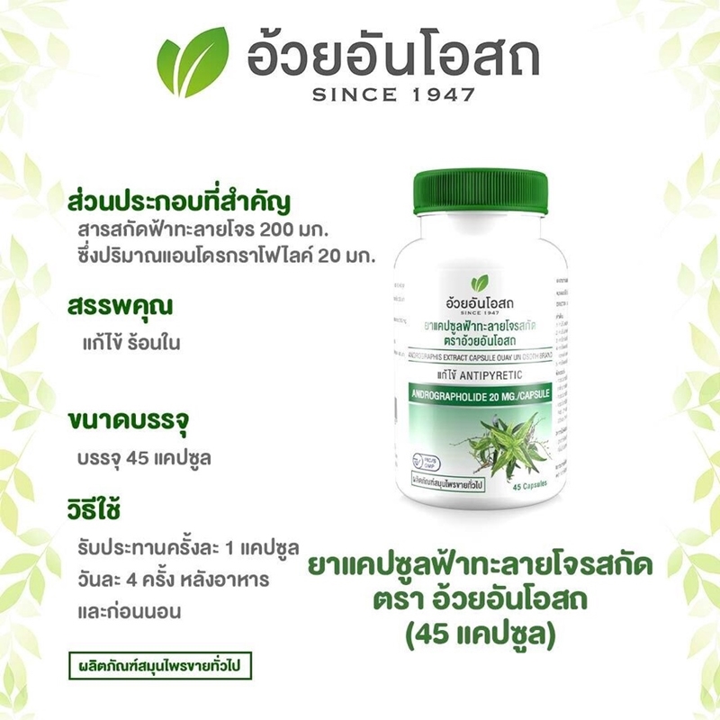 ฟ้าทะลายโจรสกัด อ้วยอันโอสถ มีแอนโดรกราโฟไลด์ 20 มก. (45 แคปซูล แบบขวด) ฝาเขียว