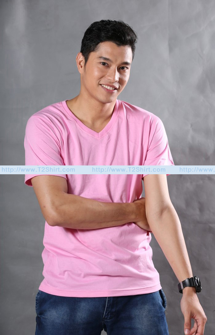 เสื้อยืด คอวี แขนสั้น สีชมพูอ่อน Size 4XL