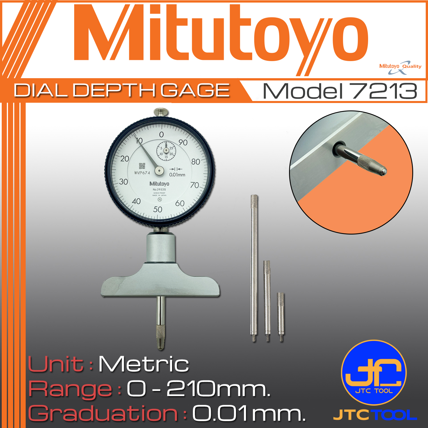 Mitutoyo ไดอัลเกจวัดลึก ขนาด 0-210มิล ฐานกว้าง 63.5 มิล รุ่น 7213 - Dial Depth Gage Range 0-210 mm. Base Wide 63.5mm. No.7213