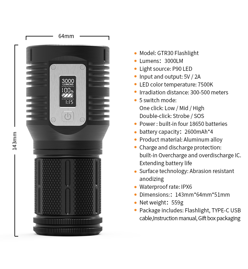 ไฟฉายจับถือ ขนาดกลาง Natfire GTR30 P90 LED 3000 LM