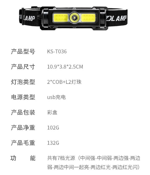 ไฟฉายคาดศีรษแบบหลอด COB และหลอด LED Kinsach KST-036 แบบมีแทบแม่เหล็ก