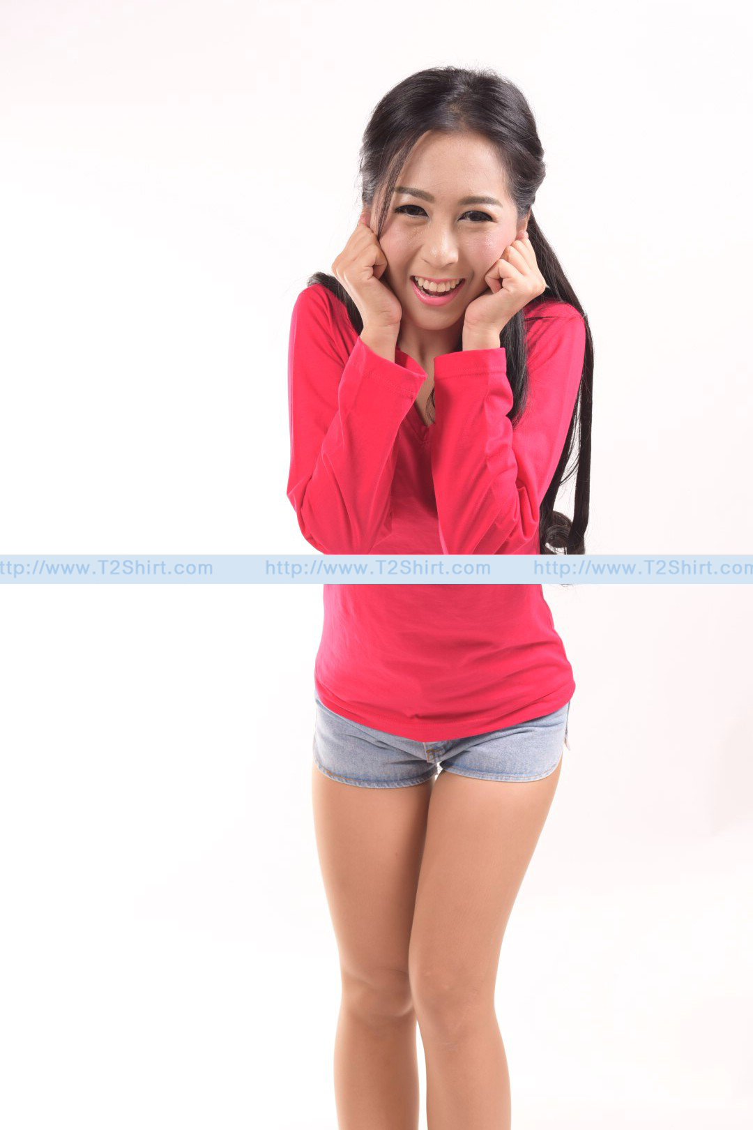 เสื้อยืด คอวี แขนยาว สีชมพูบานเย็น Size XL