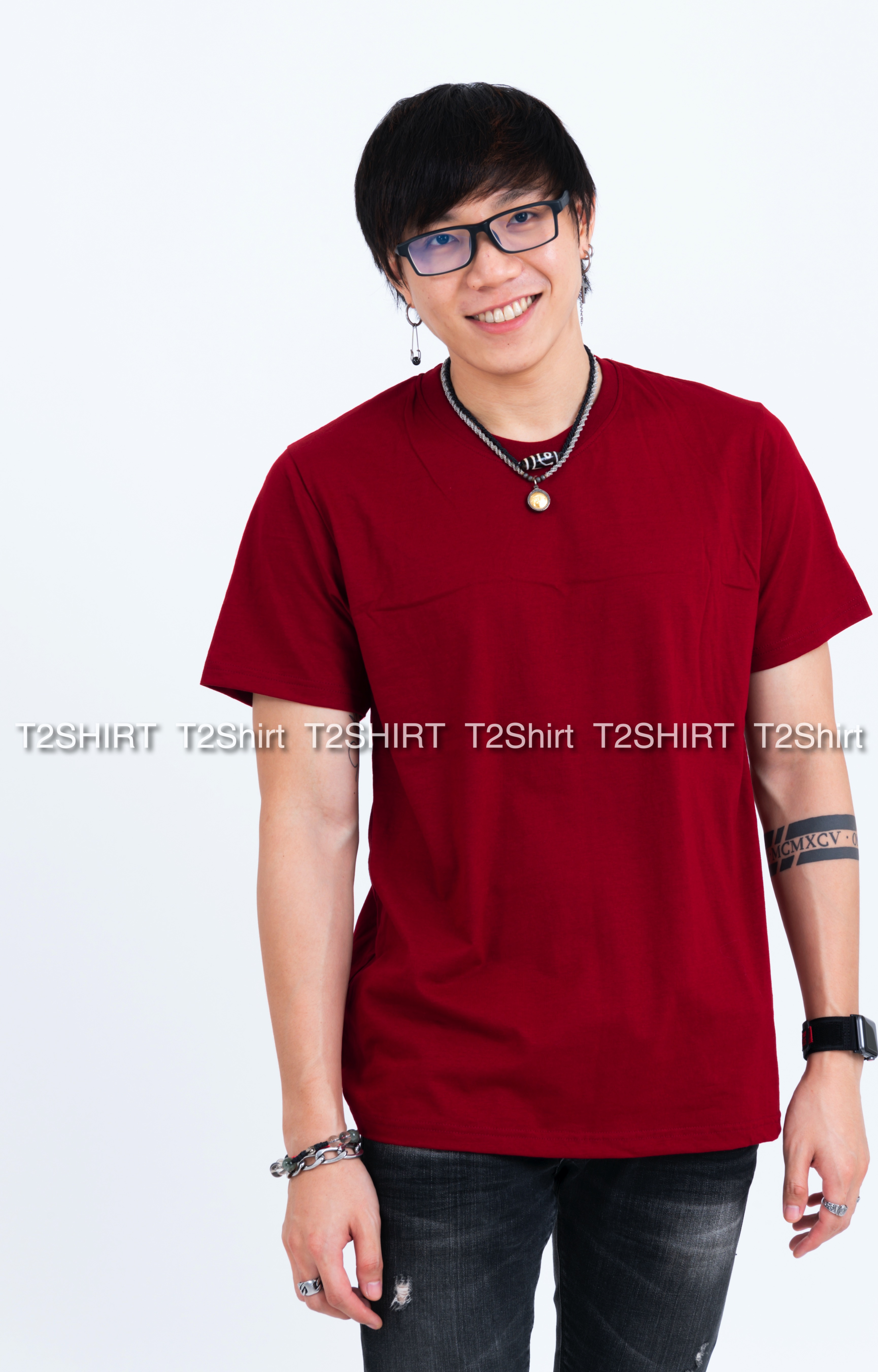 เสื้อยืด คอกลม แขนสั้น สีเลือดหมู Size 2XL