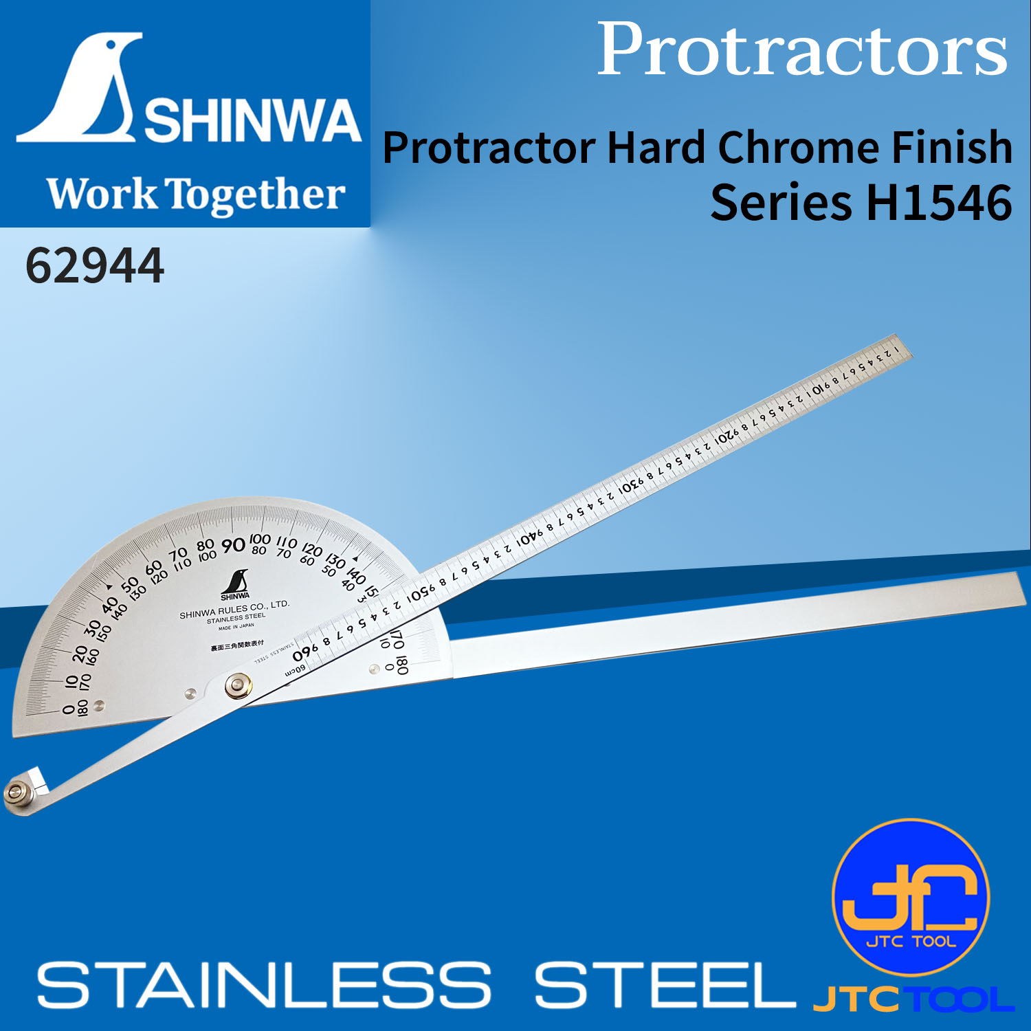 Shinwa ครึ่งวงกลมวัดองศา สเกลสลักและเคลือบด้วยโครม รุ่น 62944 - Stainless Steel Protractor Double Blade Ø320mm 60cm No.62944