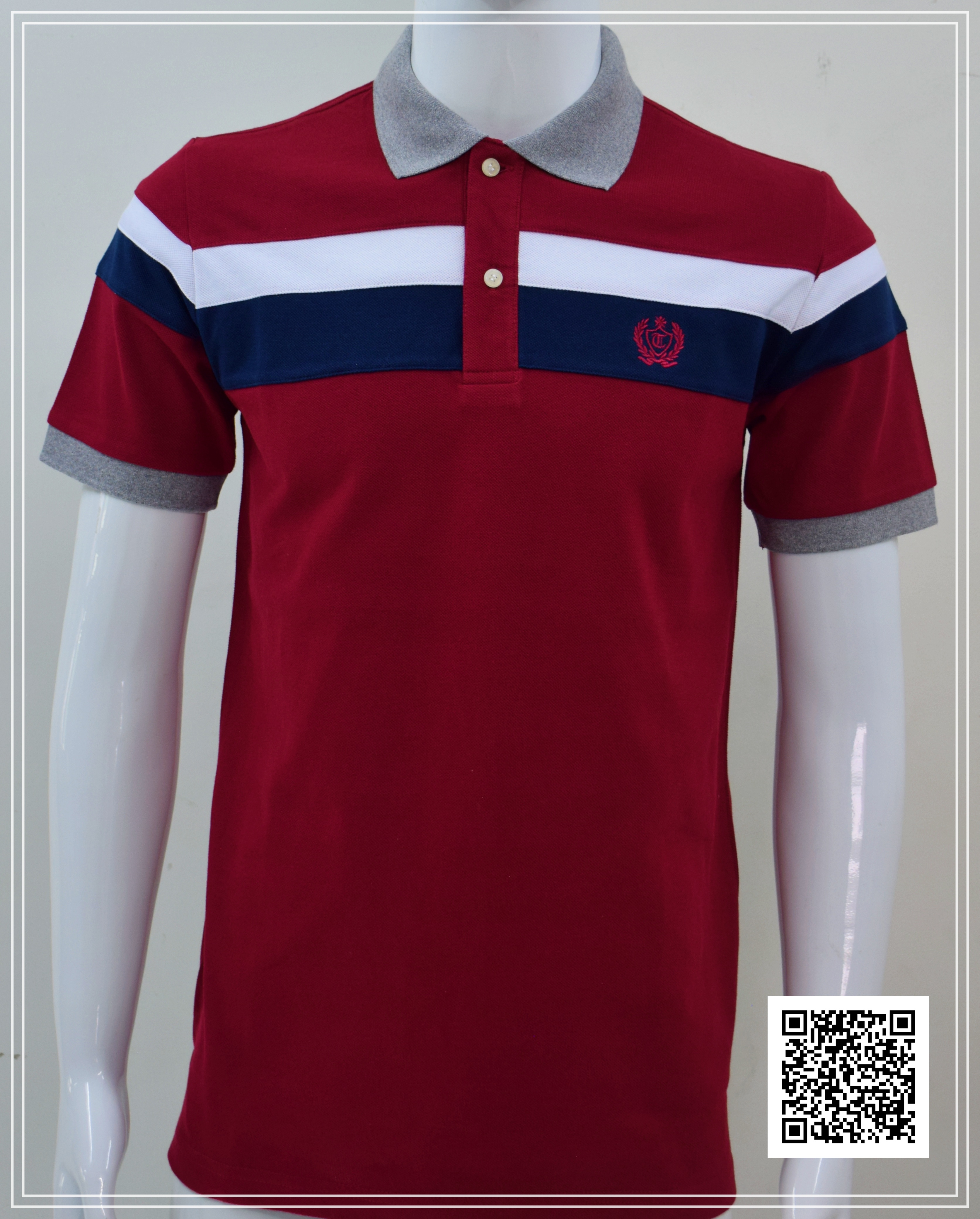 เสื้อโปโลผู้ชาย แขนสั้นตัดต่อสีแดง กรมท่า เทา ผ้าค้อตต้อน คละไซร์ M-XXL