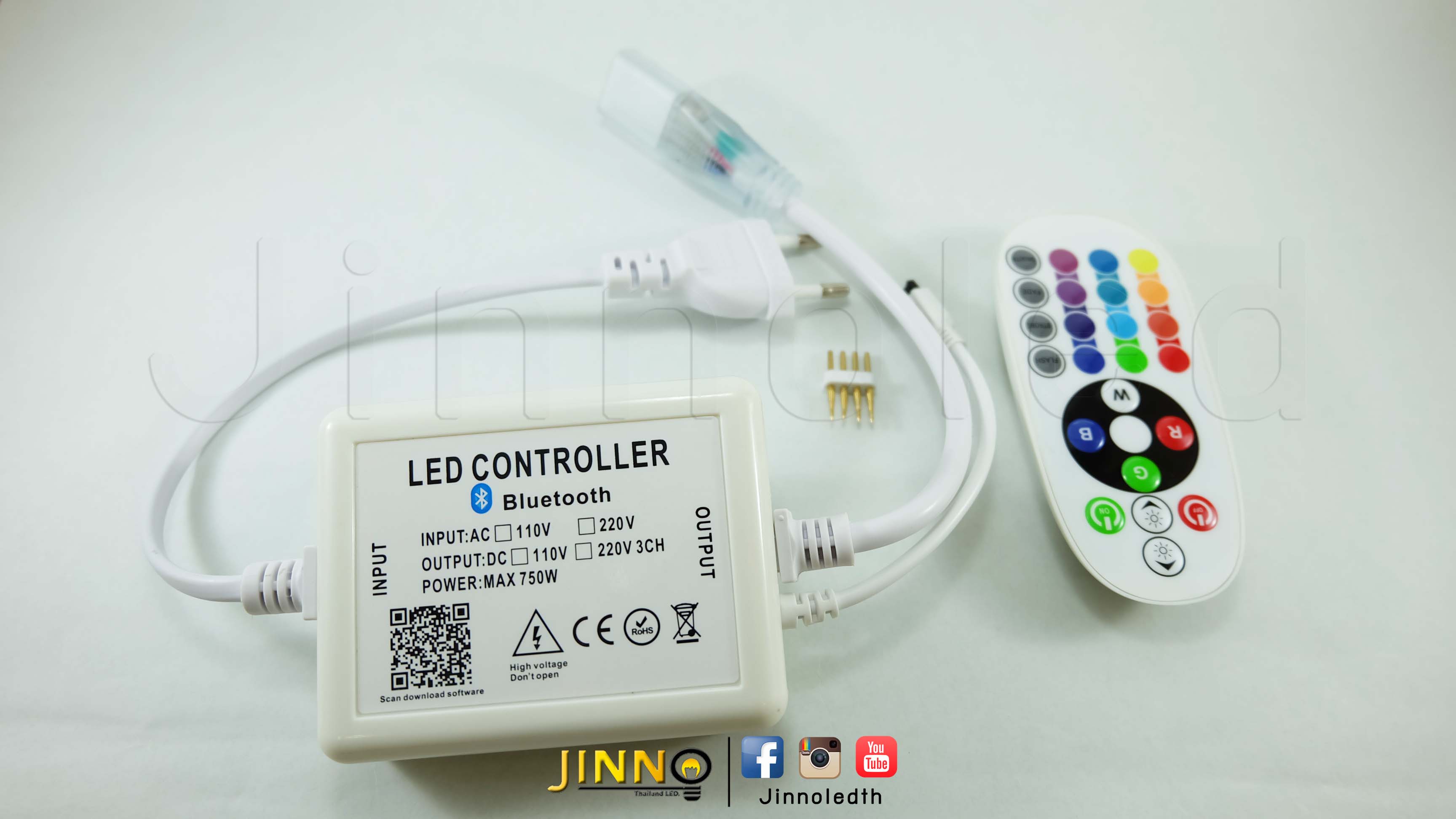 ชุดปลั๊กไฟคอนโทรลเลอร์ + IR remote รองรับ Bluetooth 220v รุ่น 5050 สลับสี RGB แบบไม่กันน้ำ พร้อม Pin 4 ขา + End cap จุกปิดท้าย