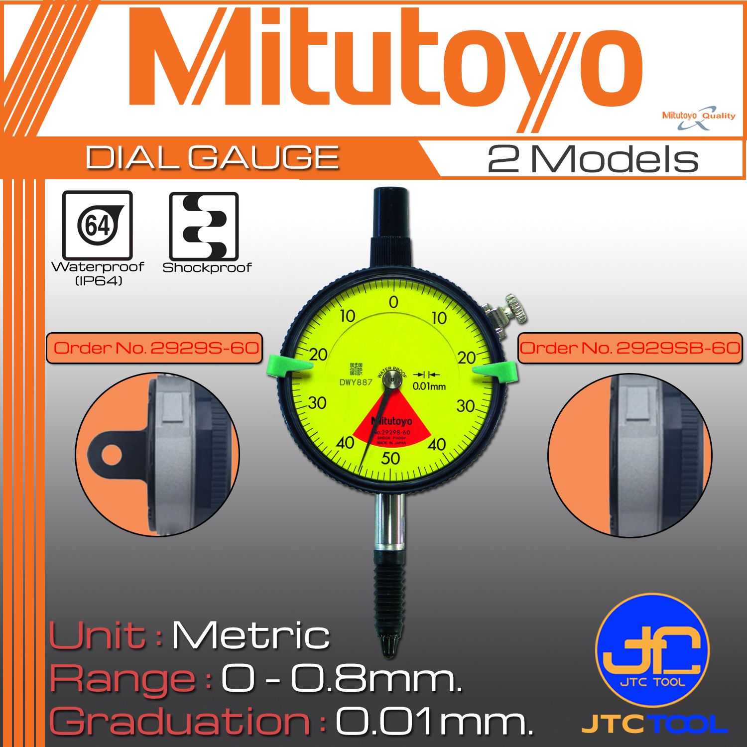 Mitutoyo ไดอัลเกจกันน้ำ ขนาด 0-0.8มิล ความละเอียด 0.01มิล รุ่น 2929S-60 และ 2929SB-60 - Dial gauge Waterproof type Range 0-0.8mm. Graduation 0.01mm. No. 2929S-60 and 2929SB-60