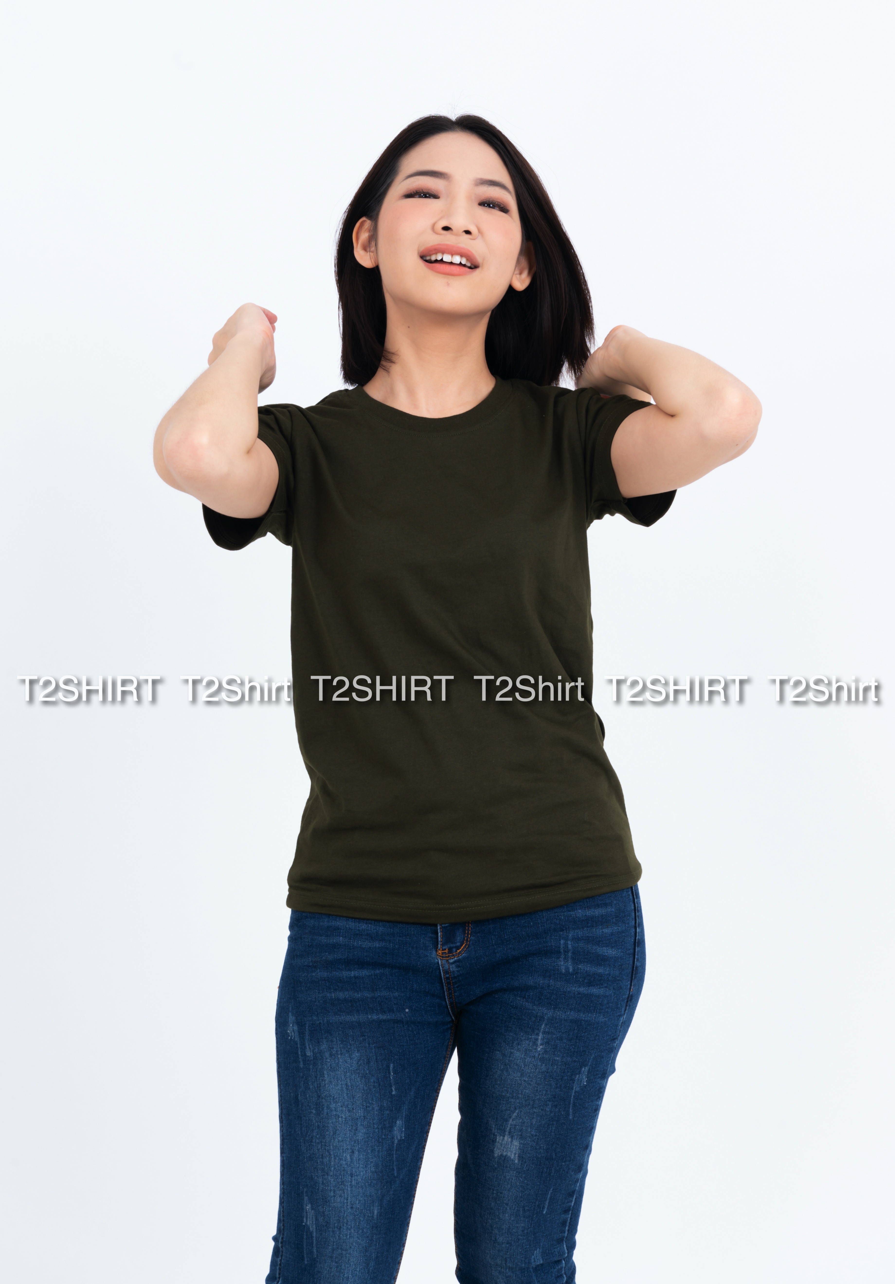 เสื้อยืด คอกลม แขนสั้น สีเขียวขี้ม้า Size 4XL