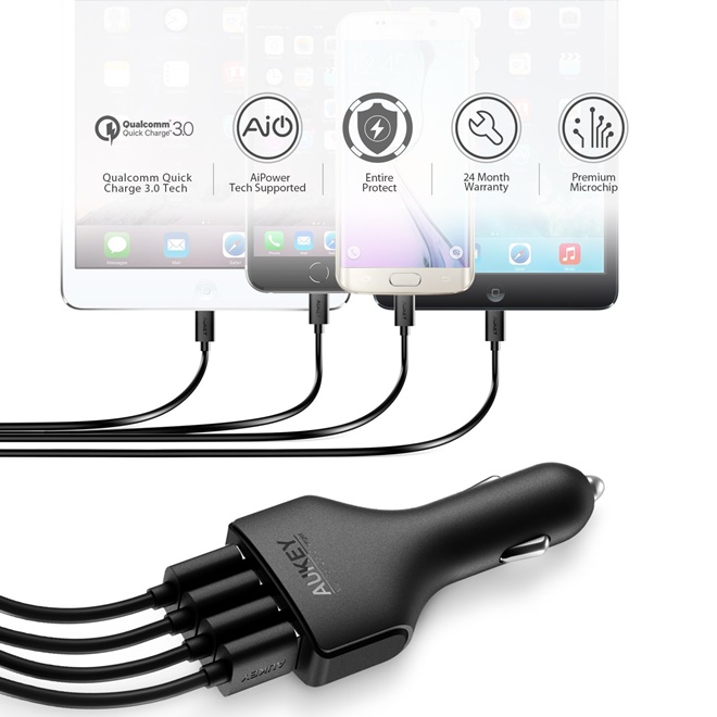 ที่ชาร์จในรถ Aukey 4-Port USB Car Charger Quick Charge 3.0 with PowerAll (QC 3.0 + QC 2.0) + แถมสาย USB (CC-T9)