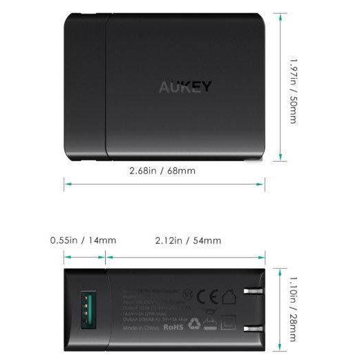 Adapter Aukey 29W PD2.0 USB-C or USB-A (2ports) USB-TypeC with AiPower Port Wall Charger with Power Delivery 2.0 (PA-Y7)