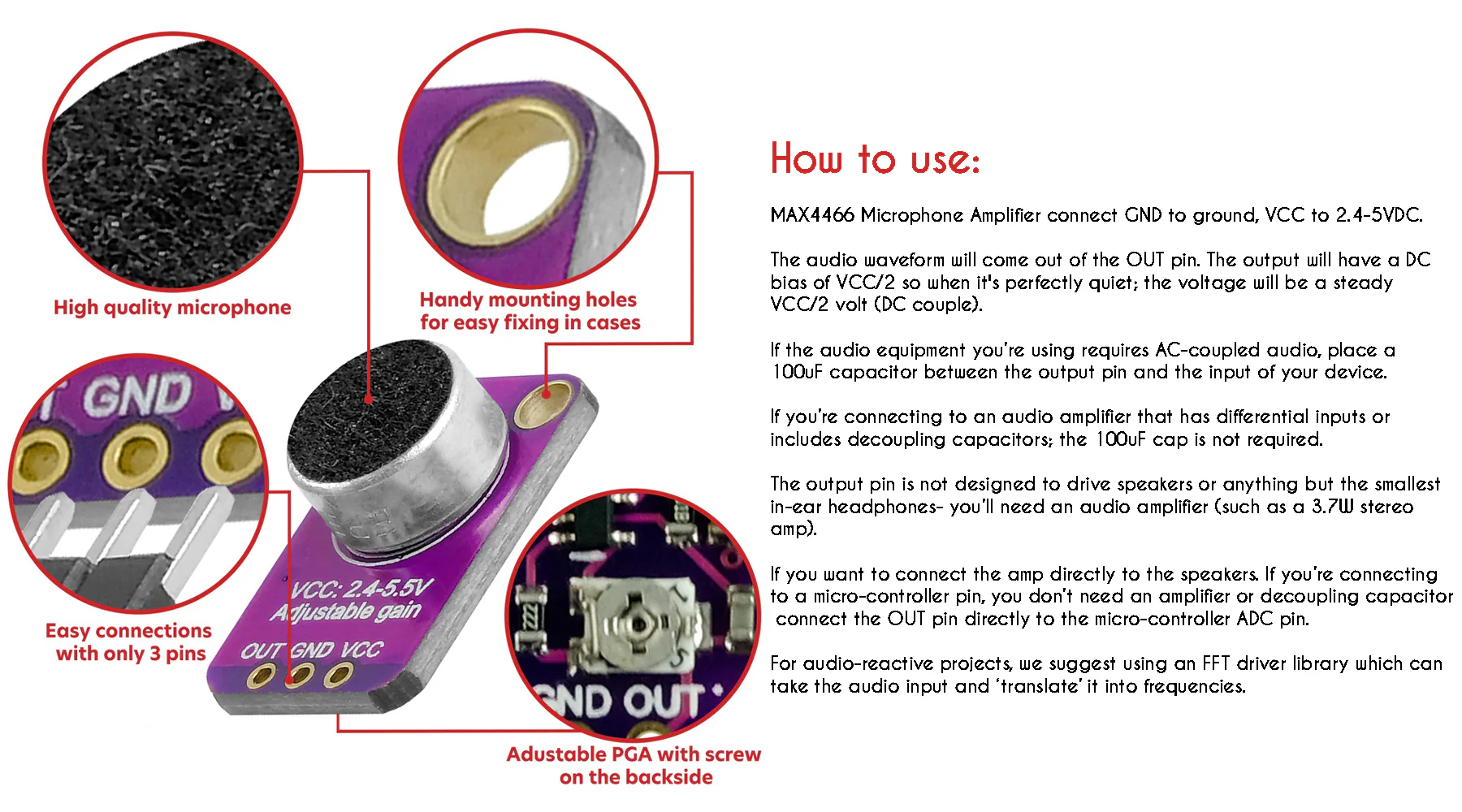 MAX4466 Adjustable Gain Electret Microphone GY-MAX4466 โมดูลไมโครโฟนเสียงความไวสูง วัดเดซิเบล