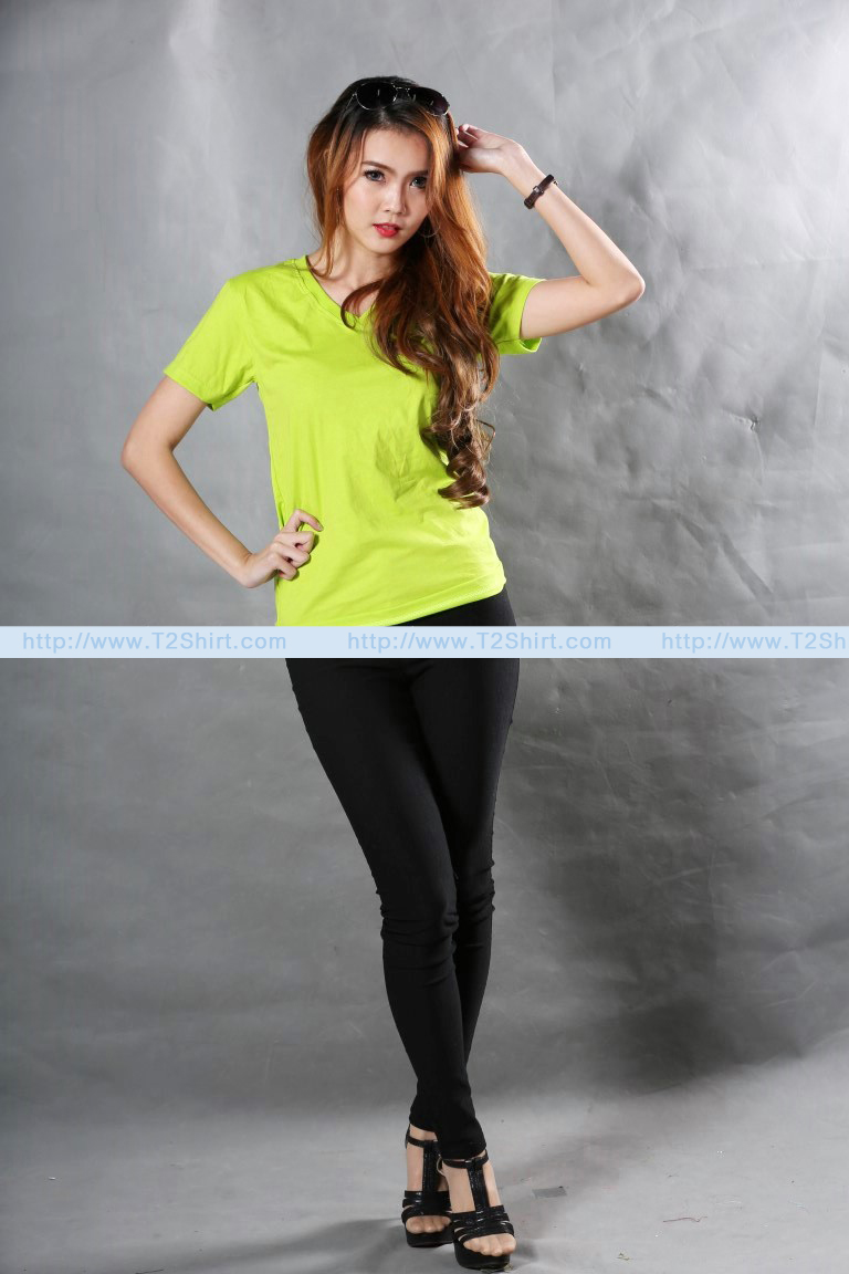 เสื้อยืด คอวี แขนสั้น สีเขียวมะนาว Size L