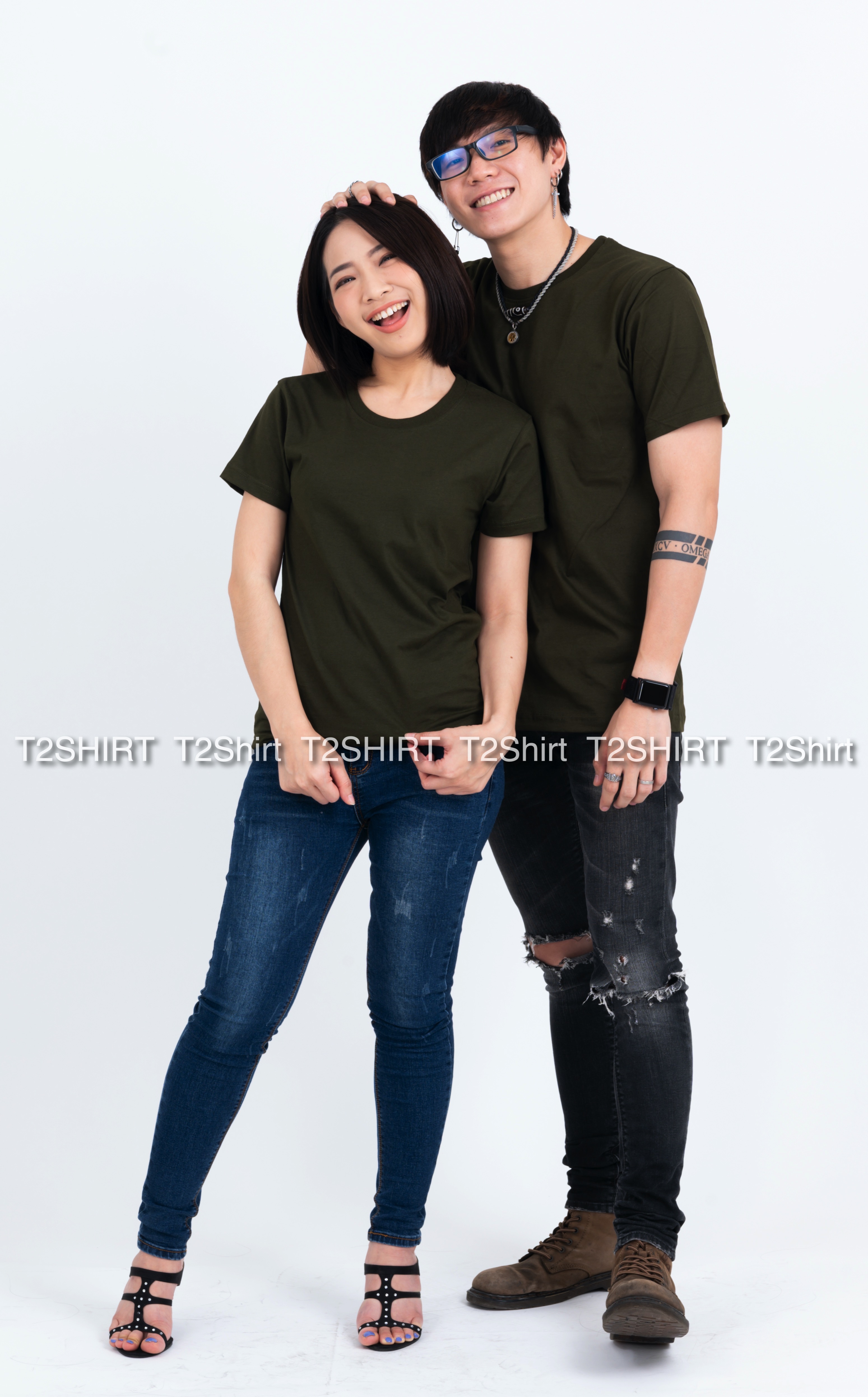 เสื้อยืด คอกลม แขนสั้น สีเขียวขี้ม้า Size 4XL