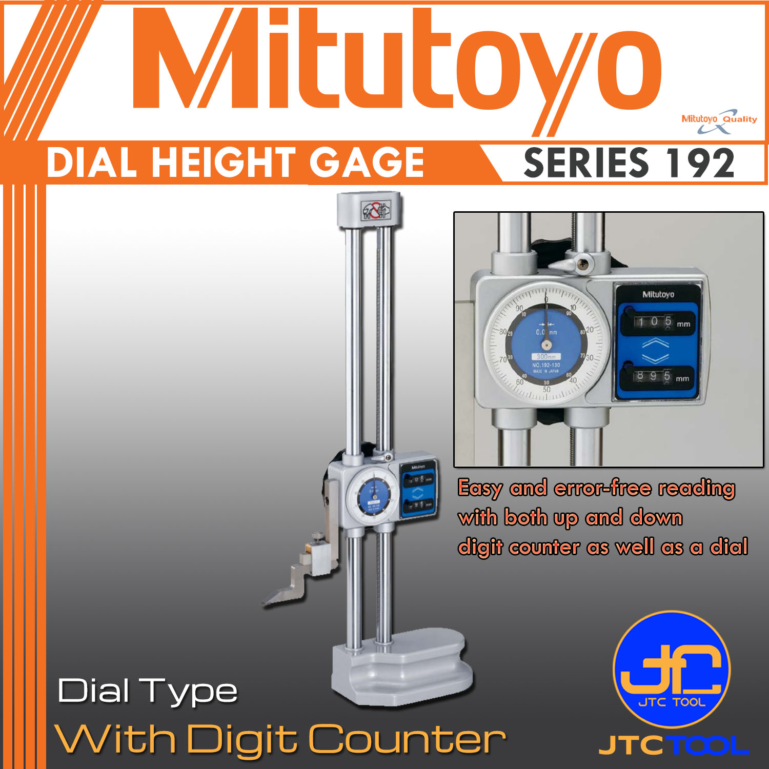 Mitutoyo ไดอัลไฮเกจแบบเข็ม ขนาด 0-1000มิล รุ่น 192 - Dial Height Gage with Digital Counter Series 192